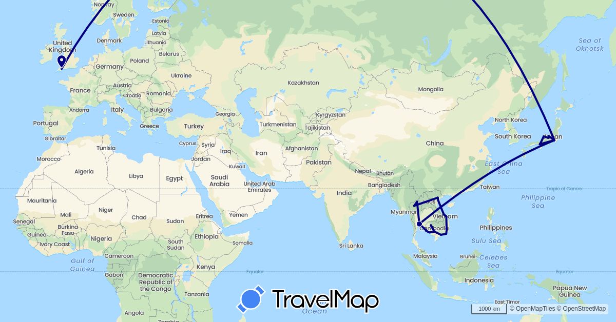 TravelMap itinerary: driving in United Kingdom, Japan, Cambodia, Thailand, Vietnam (Asia, Europe)